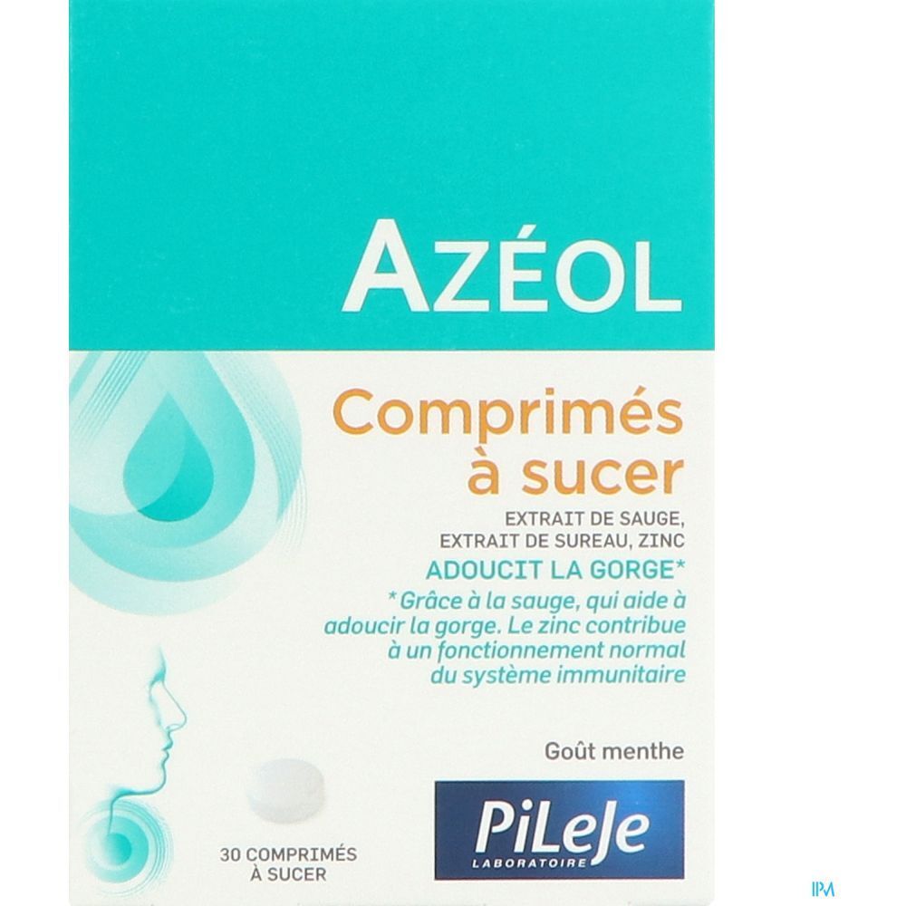 Boîte de Azéol Comprimé à Sucer. 30 comprimés à sucer. Goût menthe. Marque PiLeJe.