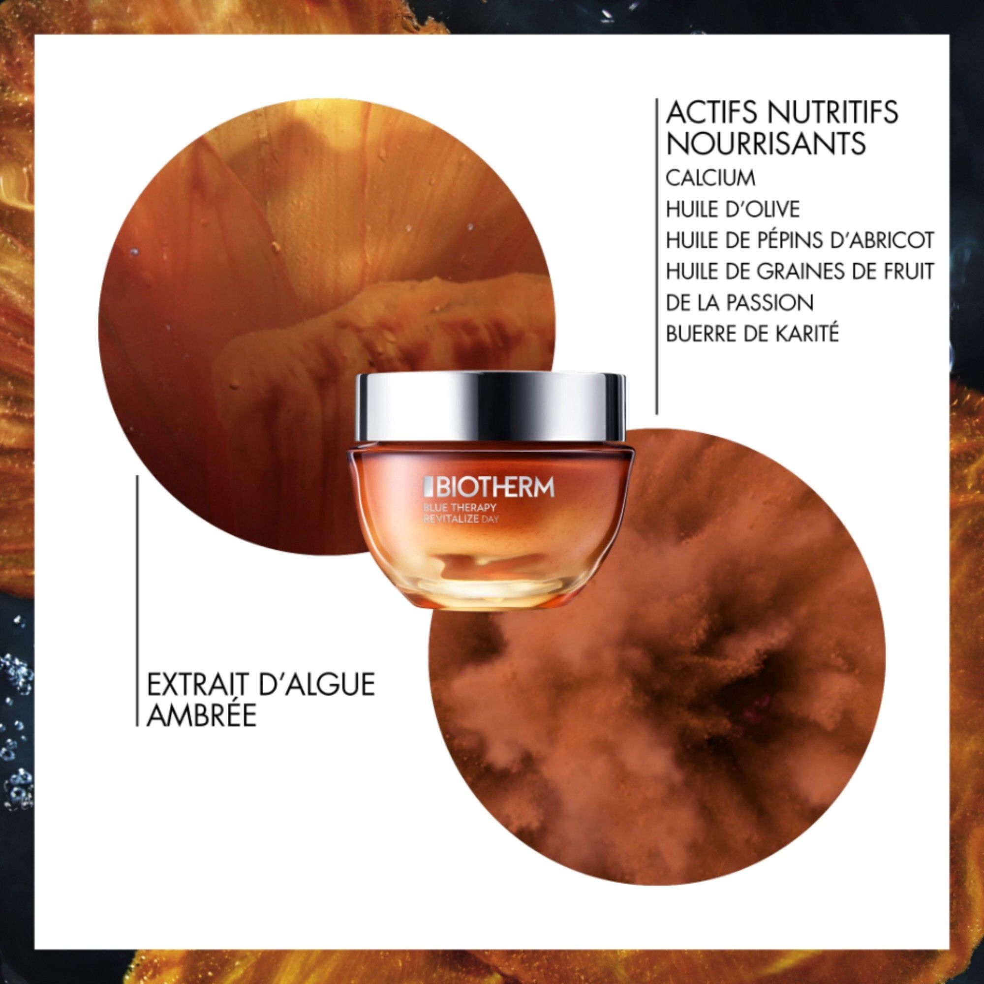 Creme in einem Glasbehälter. Text: Biotherm. Text: Extrait d'Algue Ambrée. Text: Actifs nutritifs nourrissants.