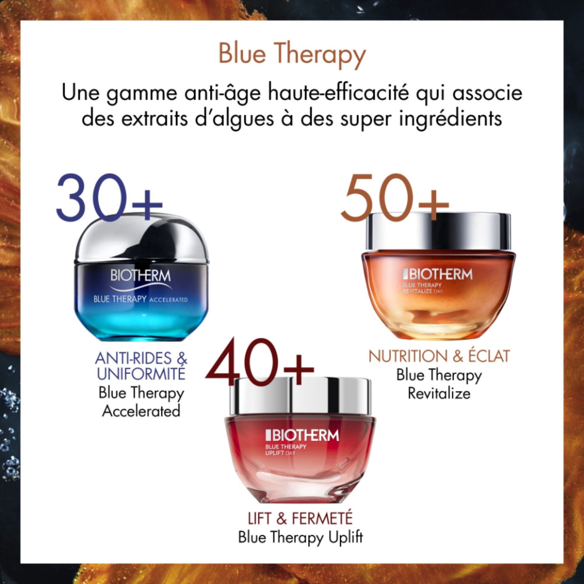 Drei Tiegel der Blue Therapy-Reihe. Text: Blue Therapy. Anti-Rides & Uniformité, Nutrition & Éclat, Lift & Fermeté.
