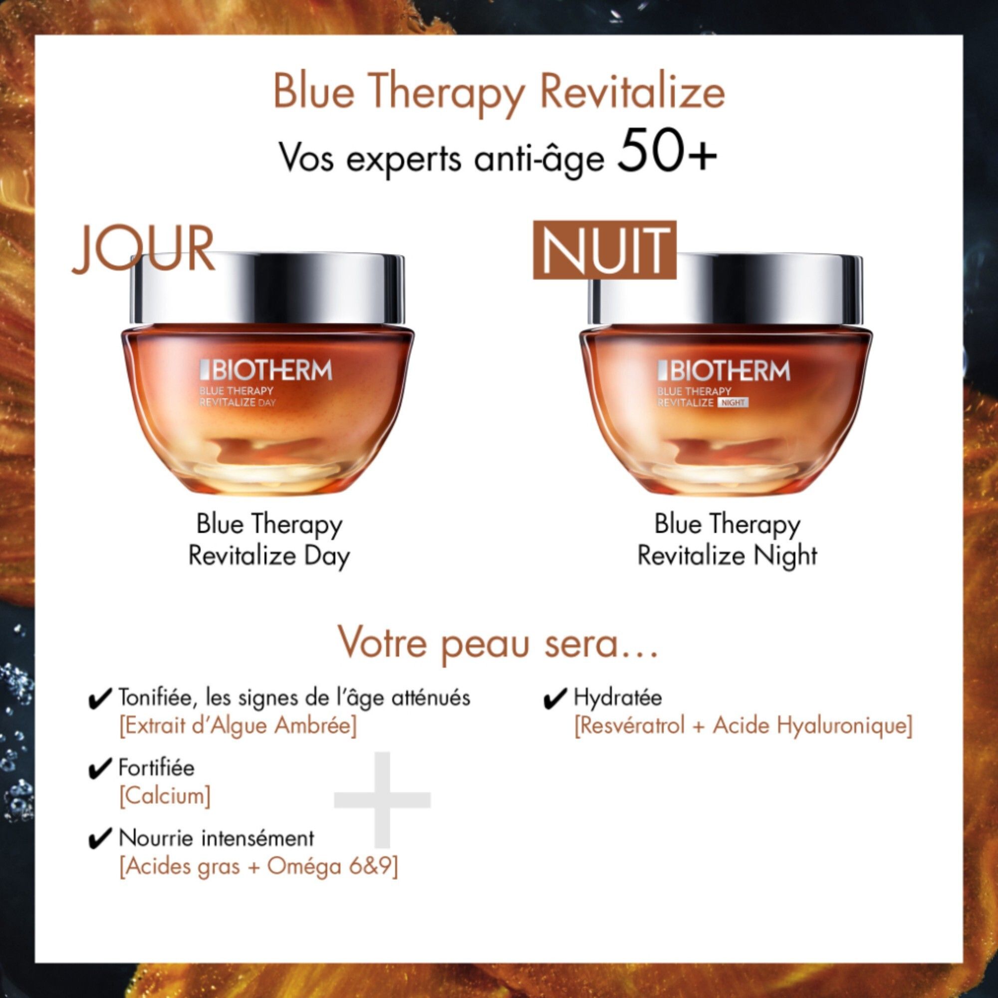 Zwei Tiegel: Blue Therapy Revitalize Day und Night. Text: Tonified, Hydratée, Fortifiée, Nourrie intensément.