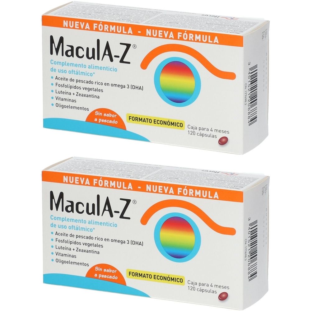 Deux boîtes de MaculA-Z®. Emballage blanc avec nom du produit, ingrédients et symbole oculaire coloré. "Formato Económico" est visible.