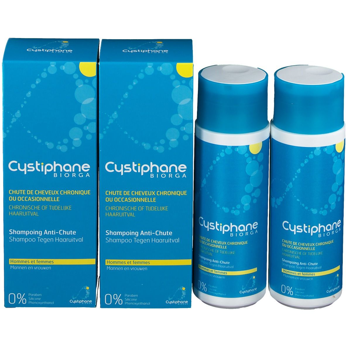 Zwei Flaschen Cystiphane Biorga Shampoo mit zwei Schachteln. Blaue Verpackung, weiße Schrift. Anti-Haarausfall.