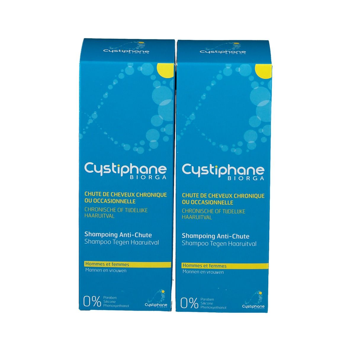 Zwei Schachteln Cystiphane Biorga Shampoo. Blaue Verpackung, weiße Schrift. Anti-Haarausfall. Für Männer und Frauen.