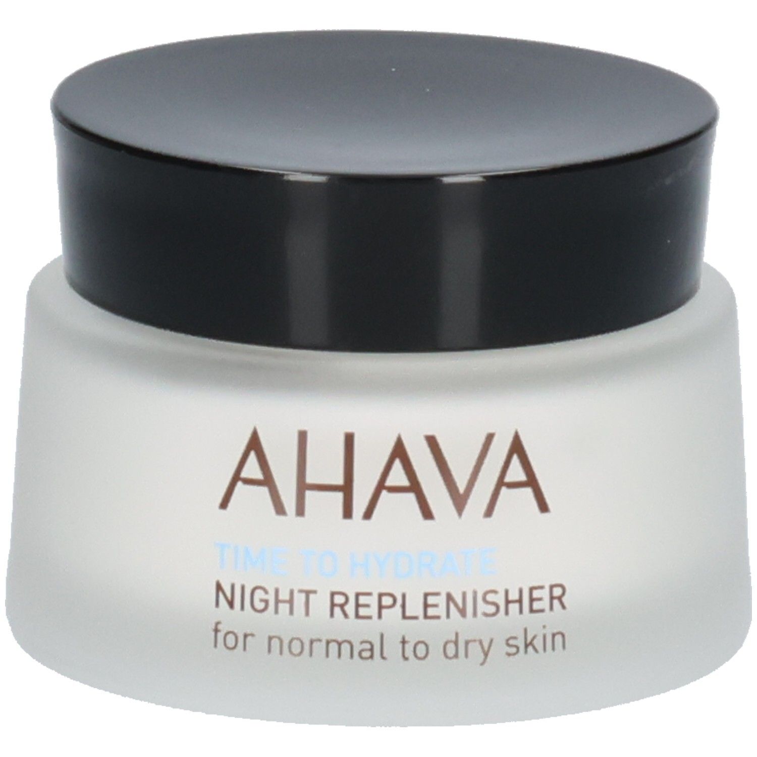 Creme-Tiegel mit schwarzem Deckel. Aufschrift: AHAVA, TIME TO HYDRATE, NIGHT REPLENISHER, for normal to dry skin.