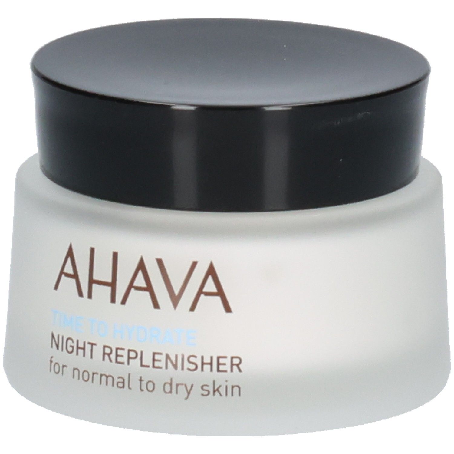 Creme-Tiegel mit schwarzem Deckel. Aufschrift: AHAVA, TIME TO HYDRATE, NIGHT REPLENISHER, for normal to dry skin.