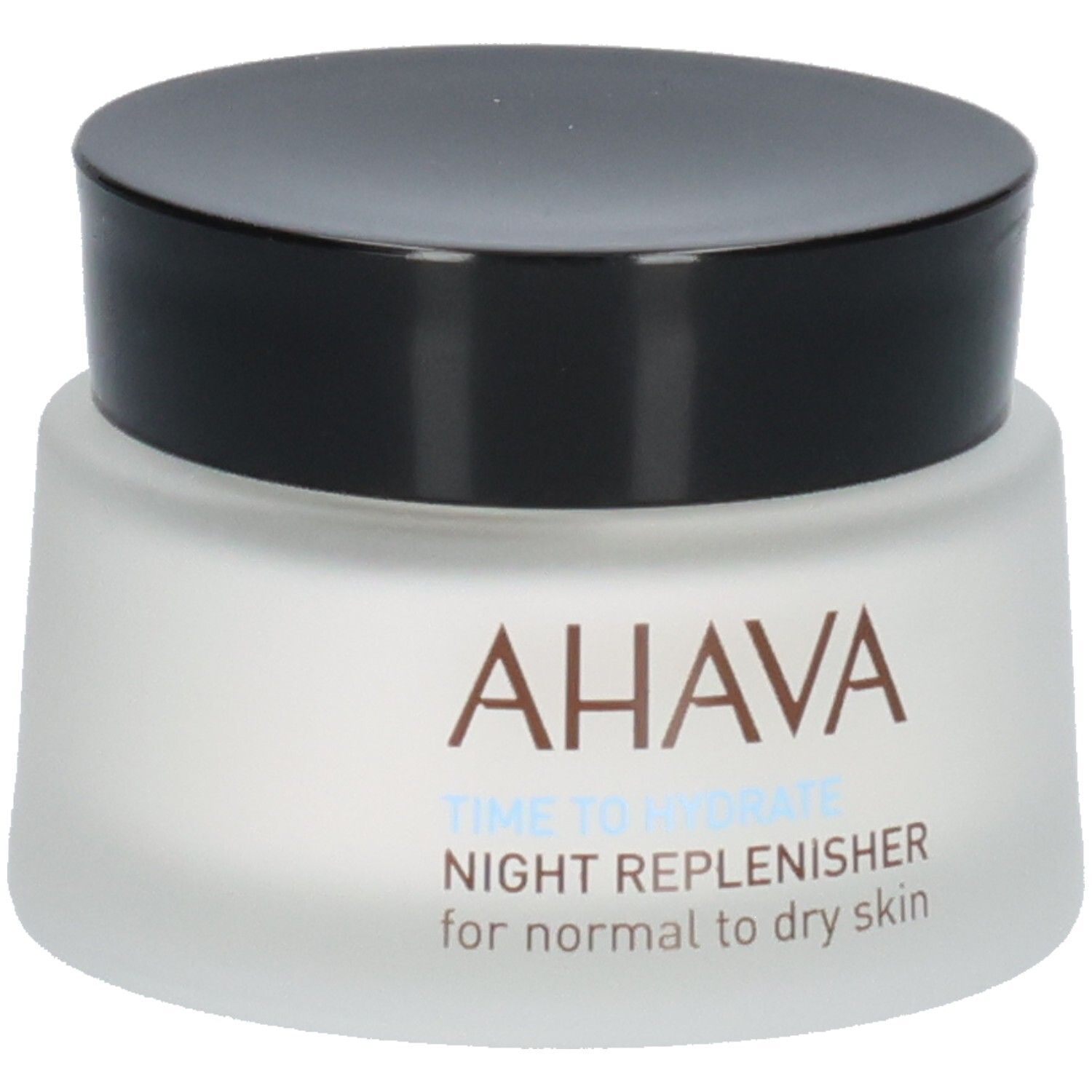 Creme-Tiegel mit schwarzem Deckel. Aufschrift: AHAVA, TIME TO HYDRATE, NIGHT REPLENISHER, for normal to dry skin.