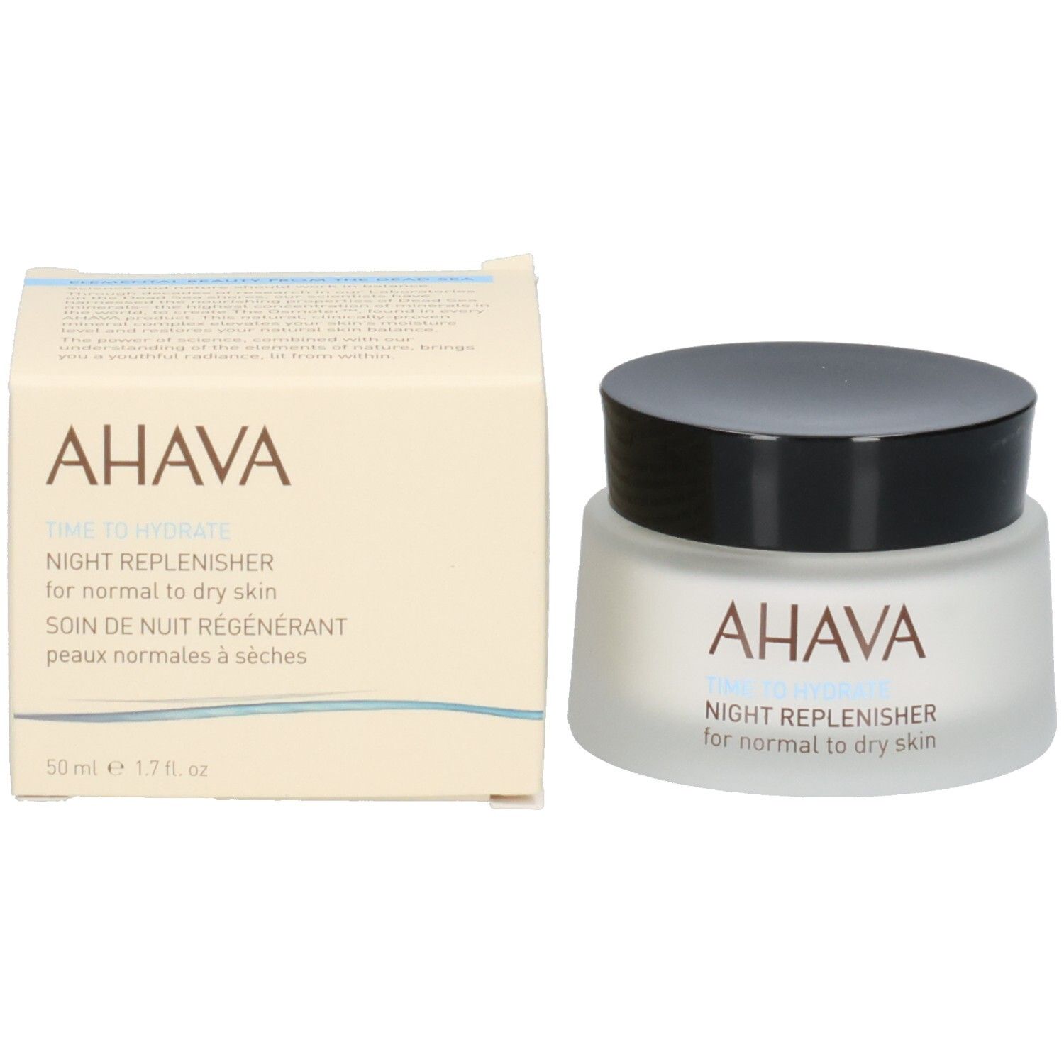 Creme-Tiegel und Karton. Aufschrift: AHAVA, TIME TO HYDRATE, NIGHT REPLENISHER, 50 ml.