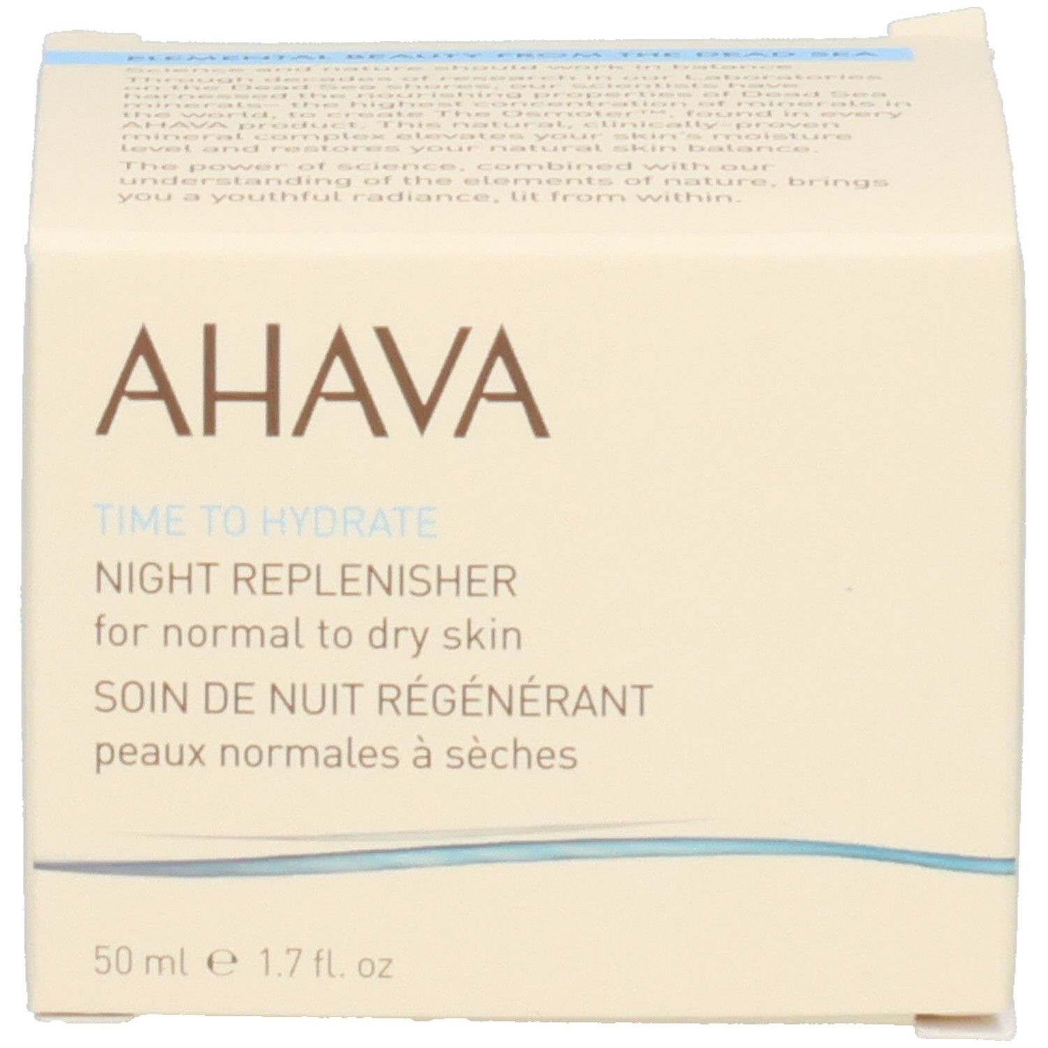 Karton mit Aufschrift: AHAVA, TIME TO HYDRATE, NIGHT REPLENISHER, 50 ml.