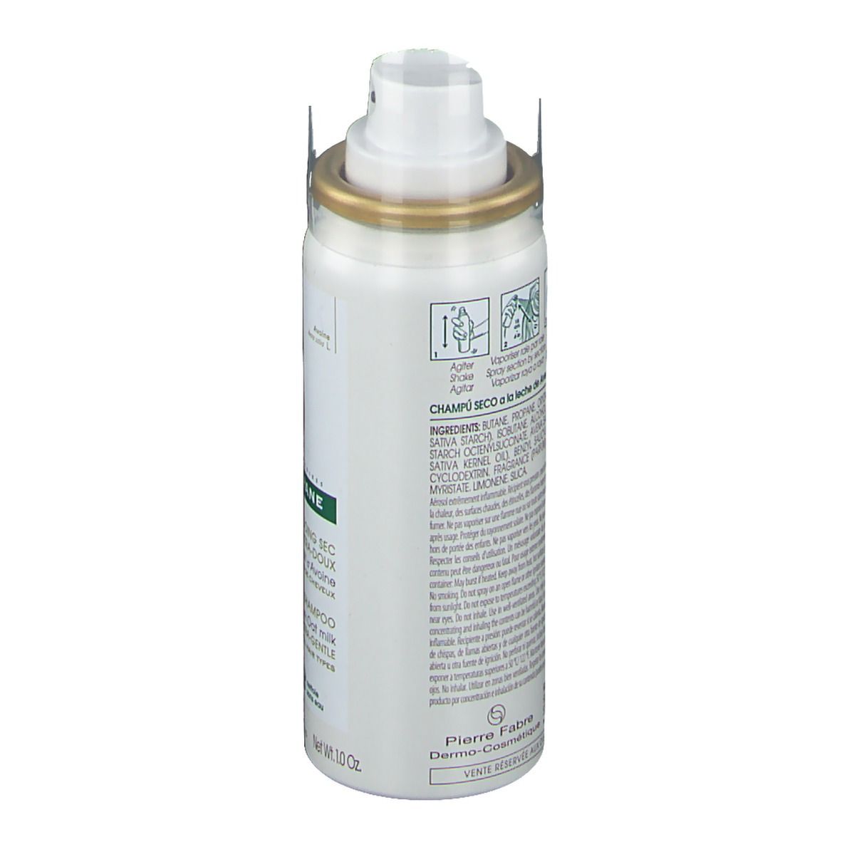 Spray de shampooing sec Klorane à l'avoine. Flacon blanc avec tête de pulvérisation et anneau doré. Texte et ingrédients.