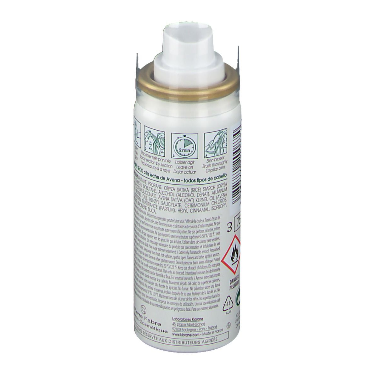 Spray de shampooing sec Klorane à l'avoine. Flacon blanc avec tête de pulvérisation. Texte, ingrédients et pictogrammes.