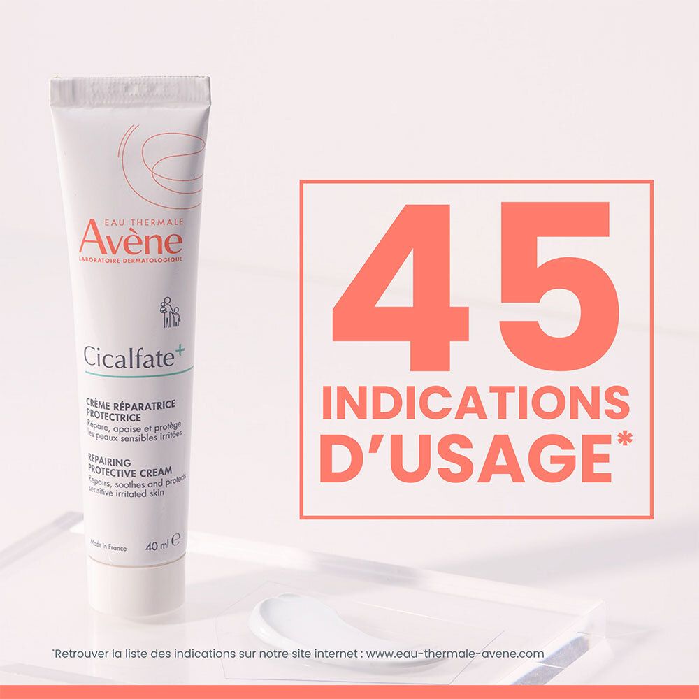 Tube blanc "Avène Cicalfate+" à côté de texte rouge "45 Indications d'usage".