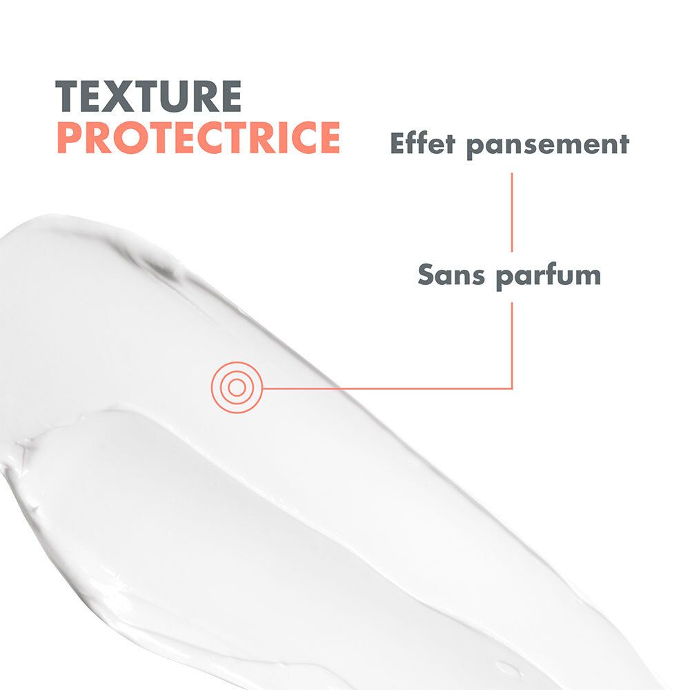 Gros plan crème. Texte: "Texture protectrice", "Sans parfum".