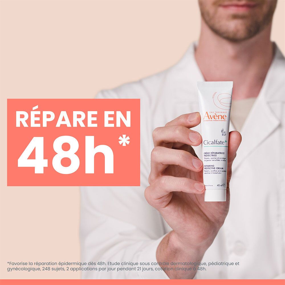 Homme tenant tube "Avène Cicalfate+". Texte: "Répare en 48h".