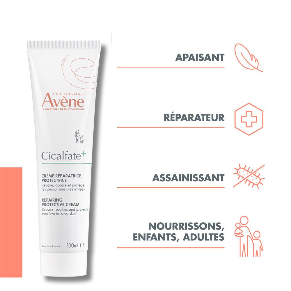 Tube Avene Cicalfate+ crème. Texte: apaisant, réparateur, assainissant, nourrissons, enfants, adultes.