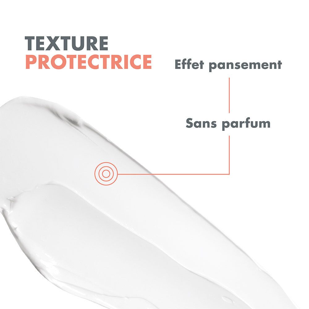 Gros plan crème. Texte: texture protectrice, sans parfum.