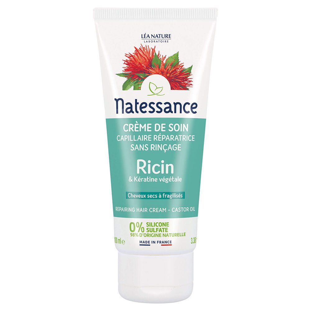 Tube de crème avec motif floral. Texte: Natessance, Crème de soin, Ricin & Kératine végétale. 0% silicone, sulfate.