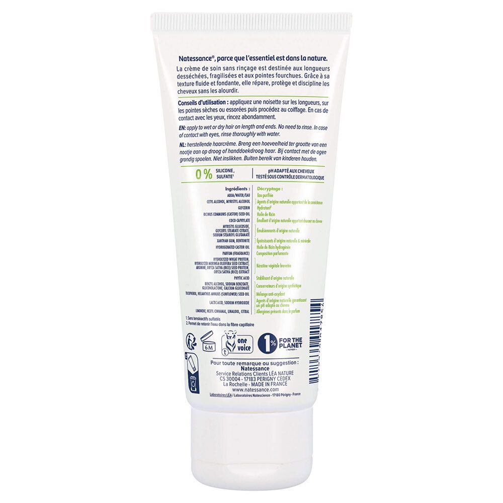 Dos du tube de crème. Texte: Natessance, ingrédients, conseils d'utilisation. 0% et logo "1 for the planet".