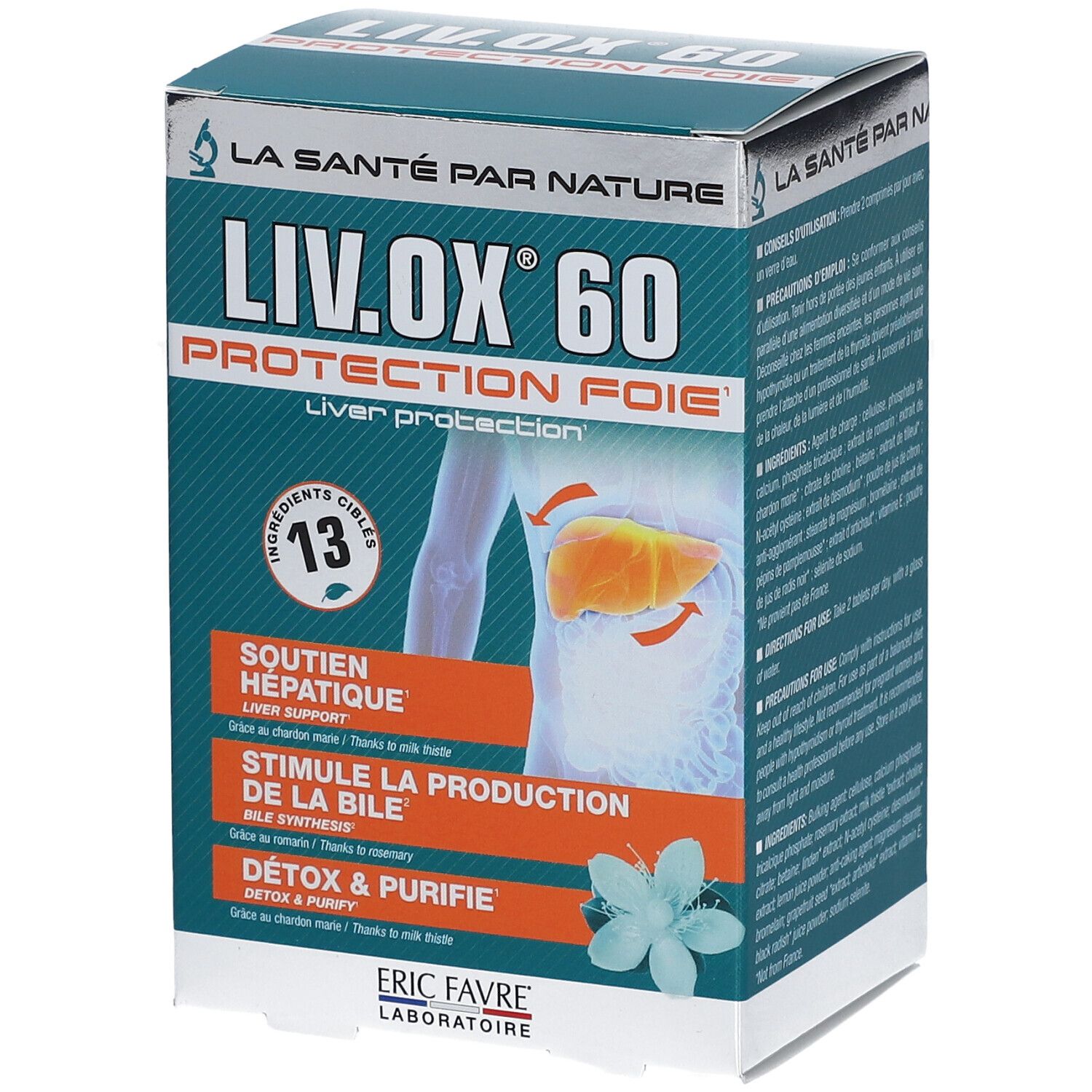 Boîte LIV.OX® 60. Protection foie. Illustration du foie. 13 ingrédients ciblés. Texte: Soutien hépatique, stimule la bile, détoxifie.