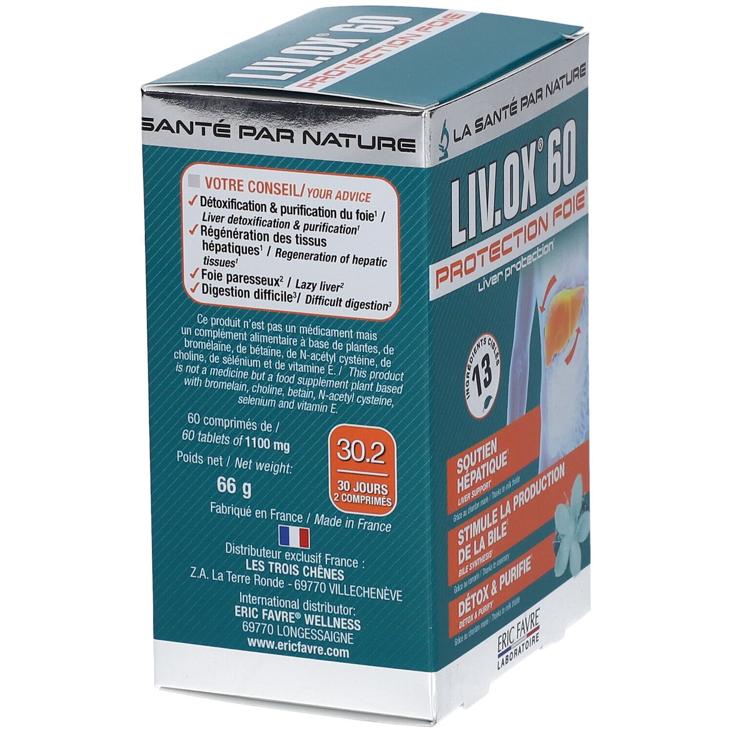Dos de la boîte LIV.OX® 60. Texte: Détoxification du foie, régénération des tissus. 60 comprimés, 1100 mg. Fabriqué en France.