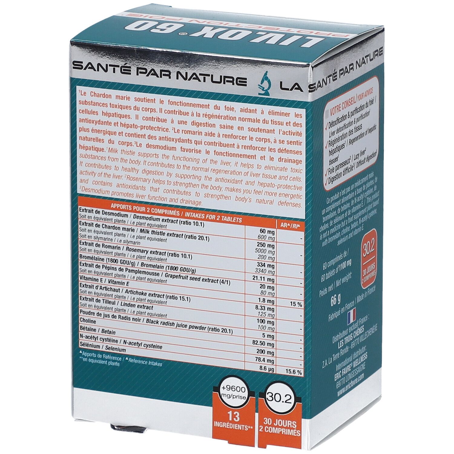 Dos de la boîte LIV.OX® 60. Texte: Ingrédients, informations nutritionnelles. 60 comprimés. 30.2. 30 jours. Fabriqué en France.