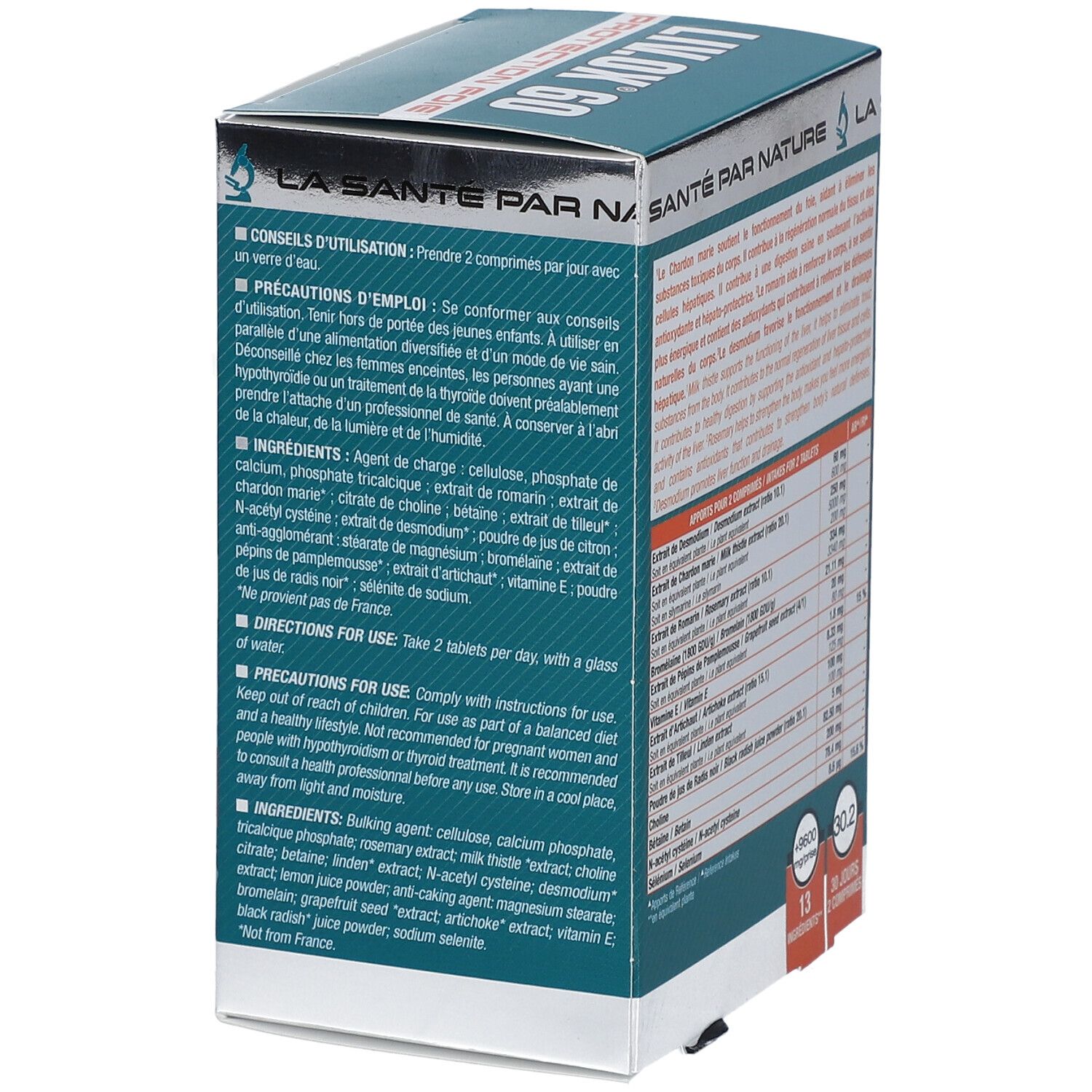 Dos de la boîte LIV.OX® 60. Texte: Conseils d'utilisation, précautions d'emploi. 60 comprimés. 30.2. 30 jours. Fabriqué en France.