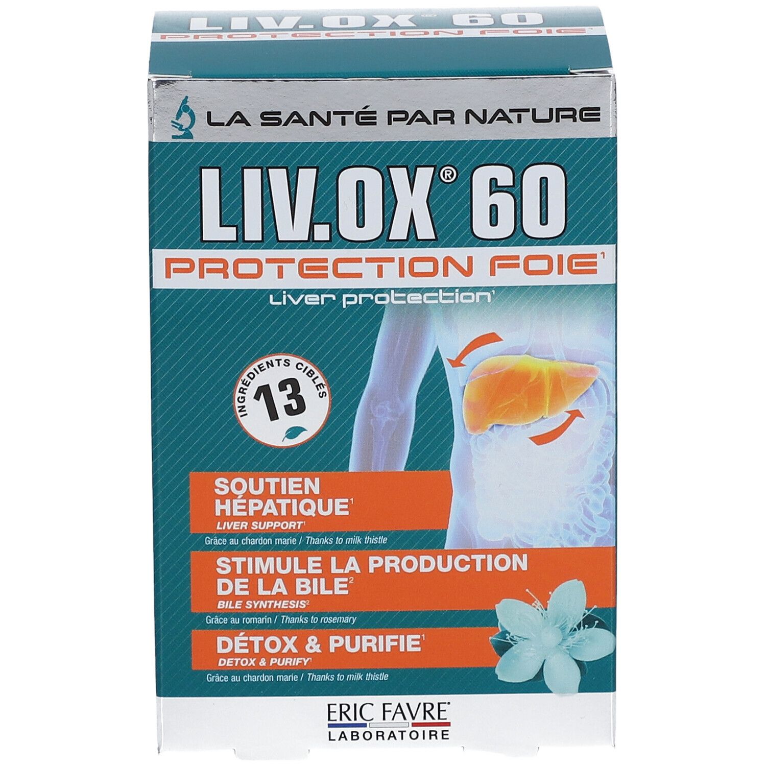 Face avant de la boîte LIV.OX® 60. Protection foie. Illustration du foie. 13 ingrédients ciblés. Texte: Soutien hépatique, stimule la bile, détoxifie.