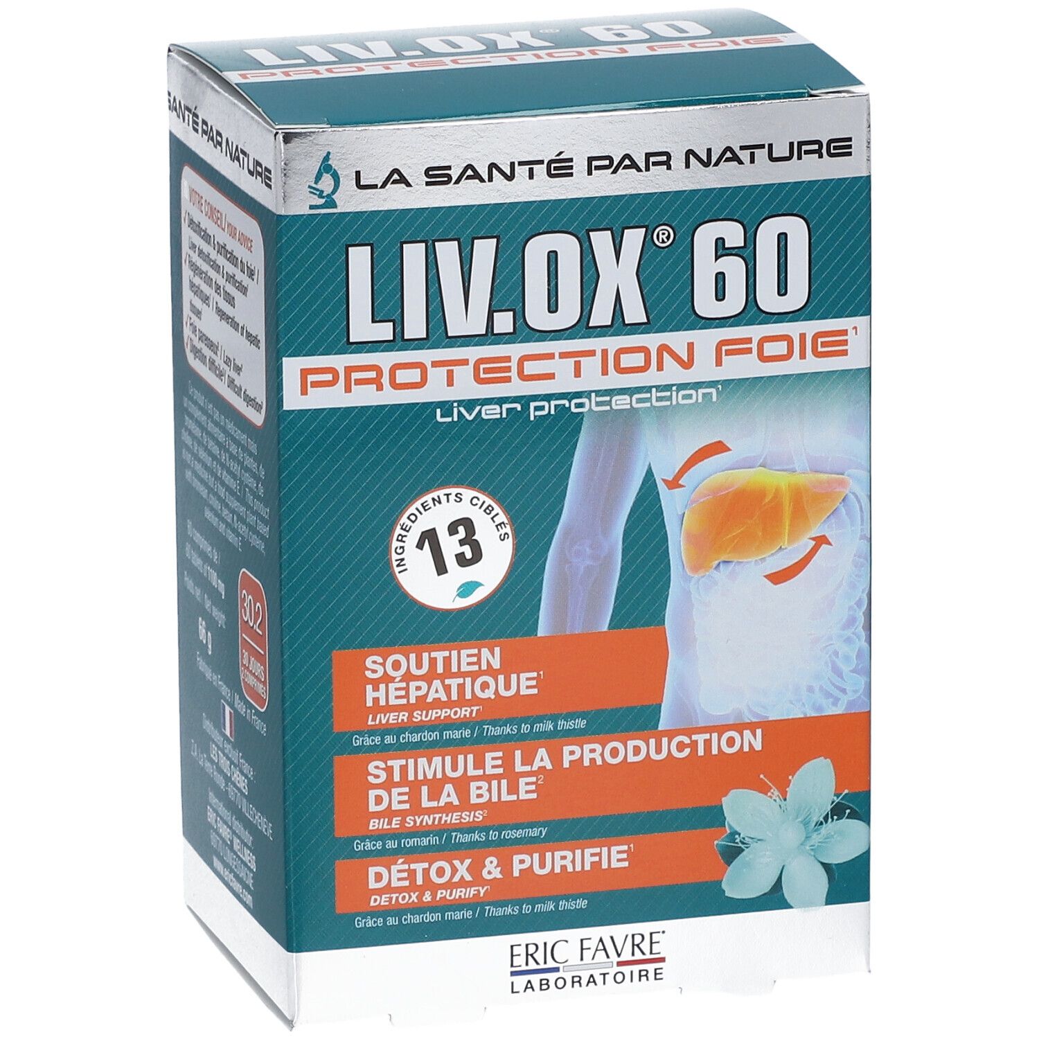 Face avant de la boîte LIV.OX® 60. Protection foie. Illustration du foie. 13 ingrédients ciblés. Texte: Soutien hépatique, stimule la bile, détoxifie.
