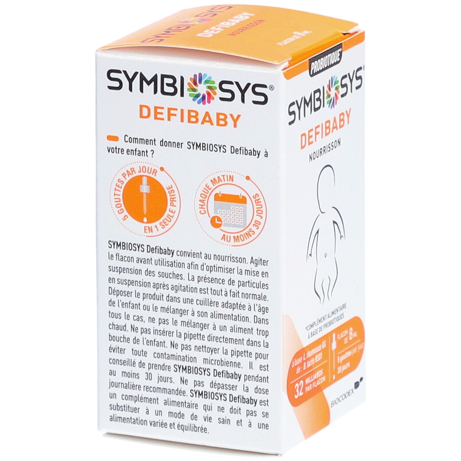 Boîte Symbiosys Defibaby. Texte : Conseils d'utilisation, 30 jours, 5 gouttes par jour, pour nourrissons.