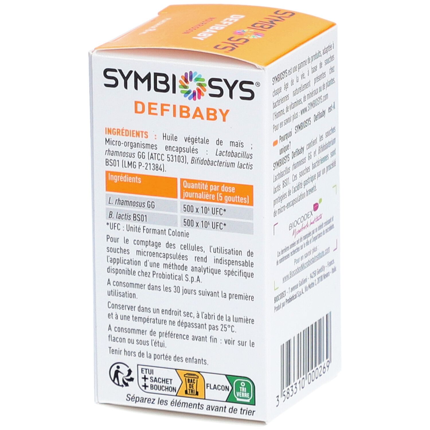 Boîte Symbiosys Defibaby. Texte : Ingrédients, dosage, conservation, stockage, informations de tri.