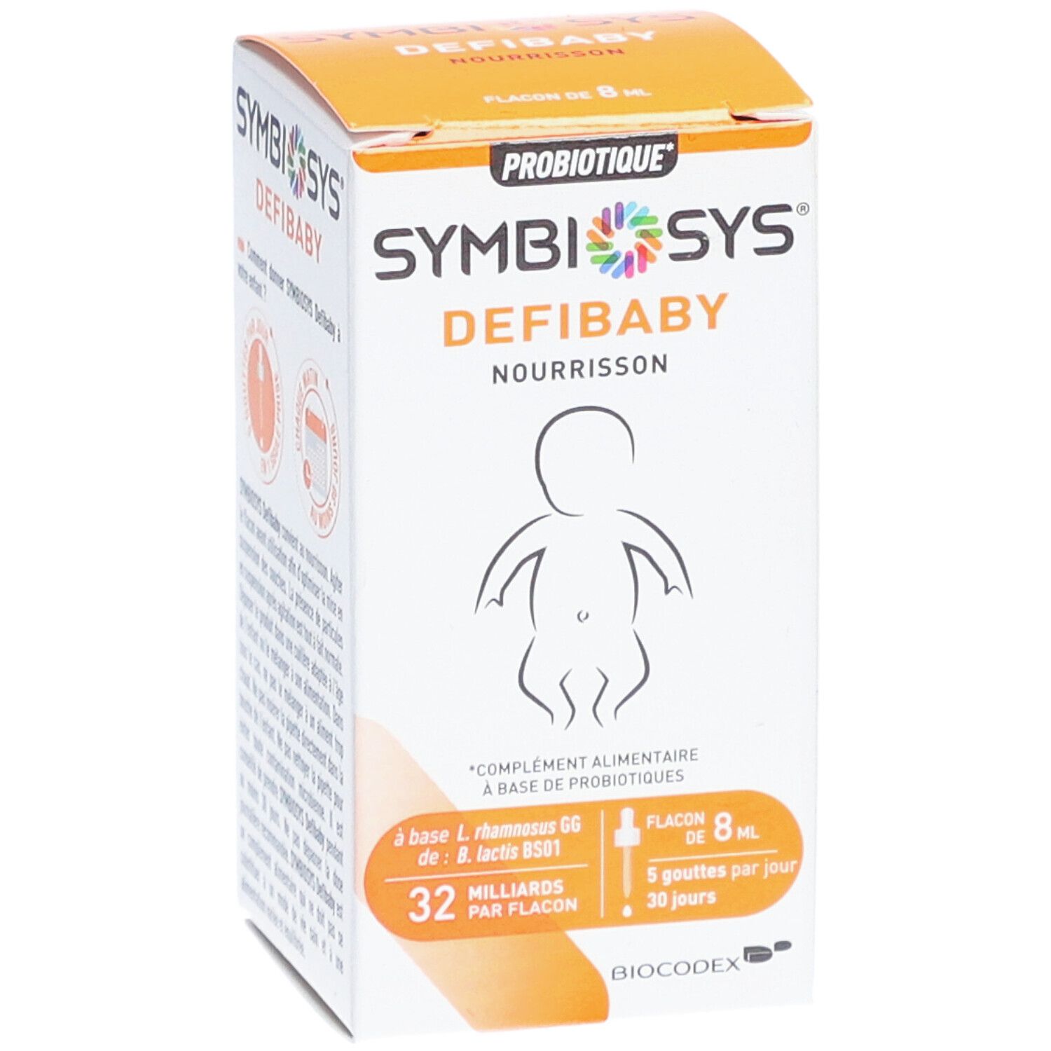 Boîte Symbiosys Defibaby. Inscription : Flacon 8 ml, 32 milliards par flacon, 5 gouttes par jour, pour nourrissons.