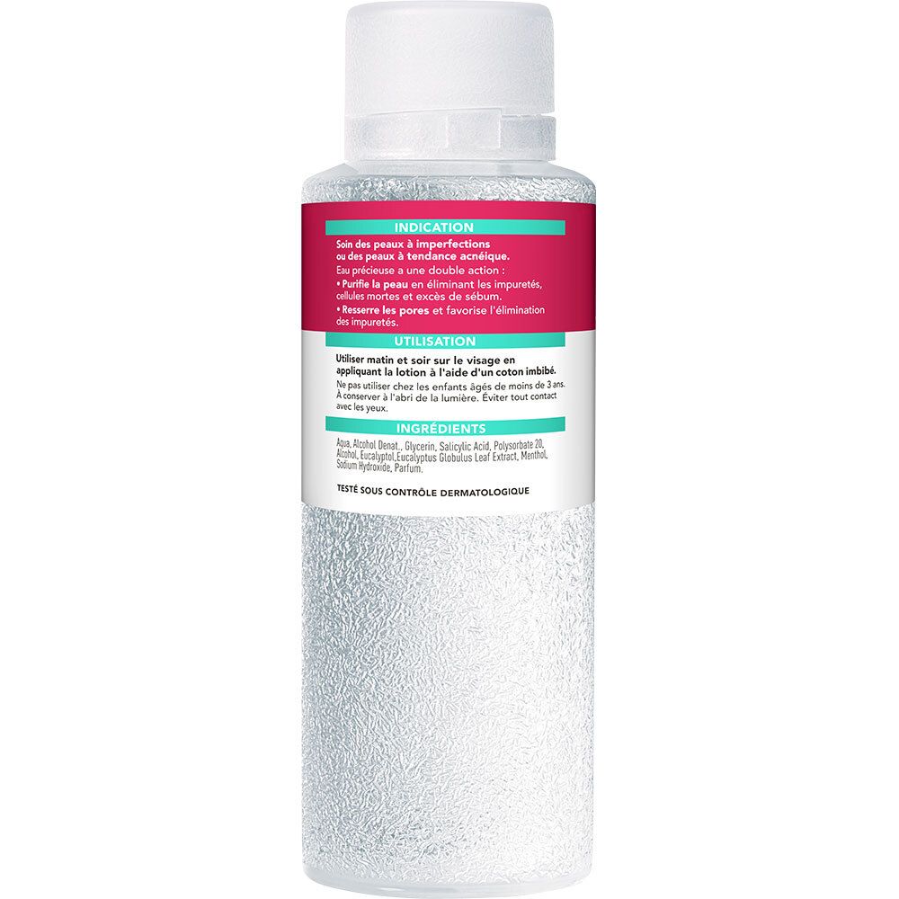Dos du flacon. Étiquette avec texte: Indication, Utilisation, Ingrédients. Testé dermatologiquement.