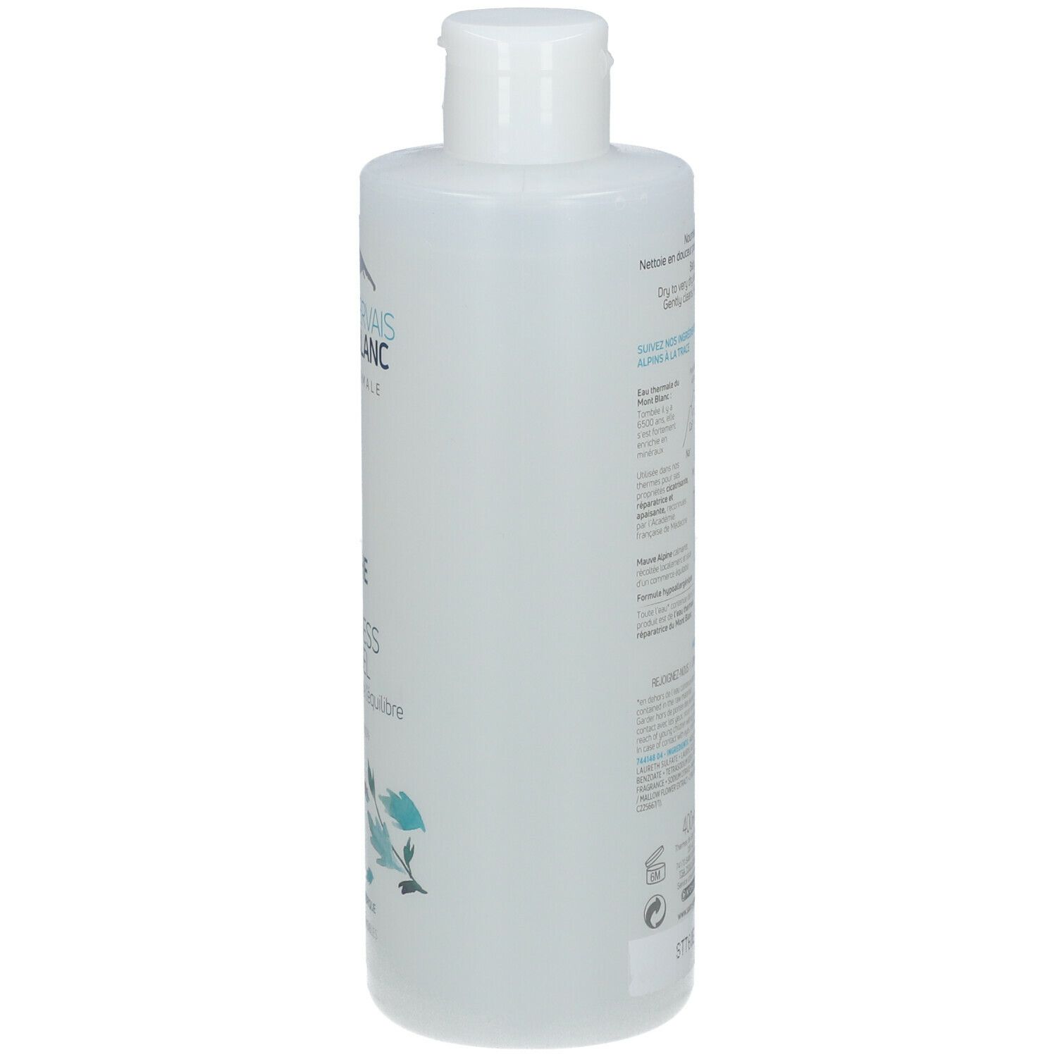 Flacon blanc avec bouchon blanc. Inscription: Saint-Gervais MONT BLANC, Gel Douche Surgras, Anti-Dryness Shower Gel. 400ml.