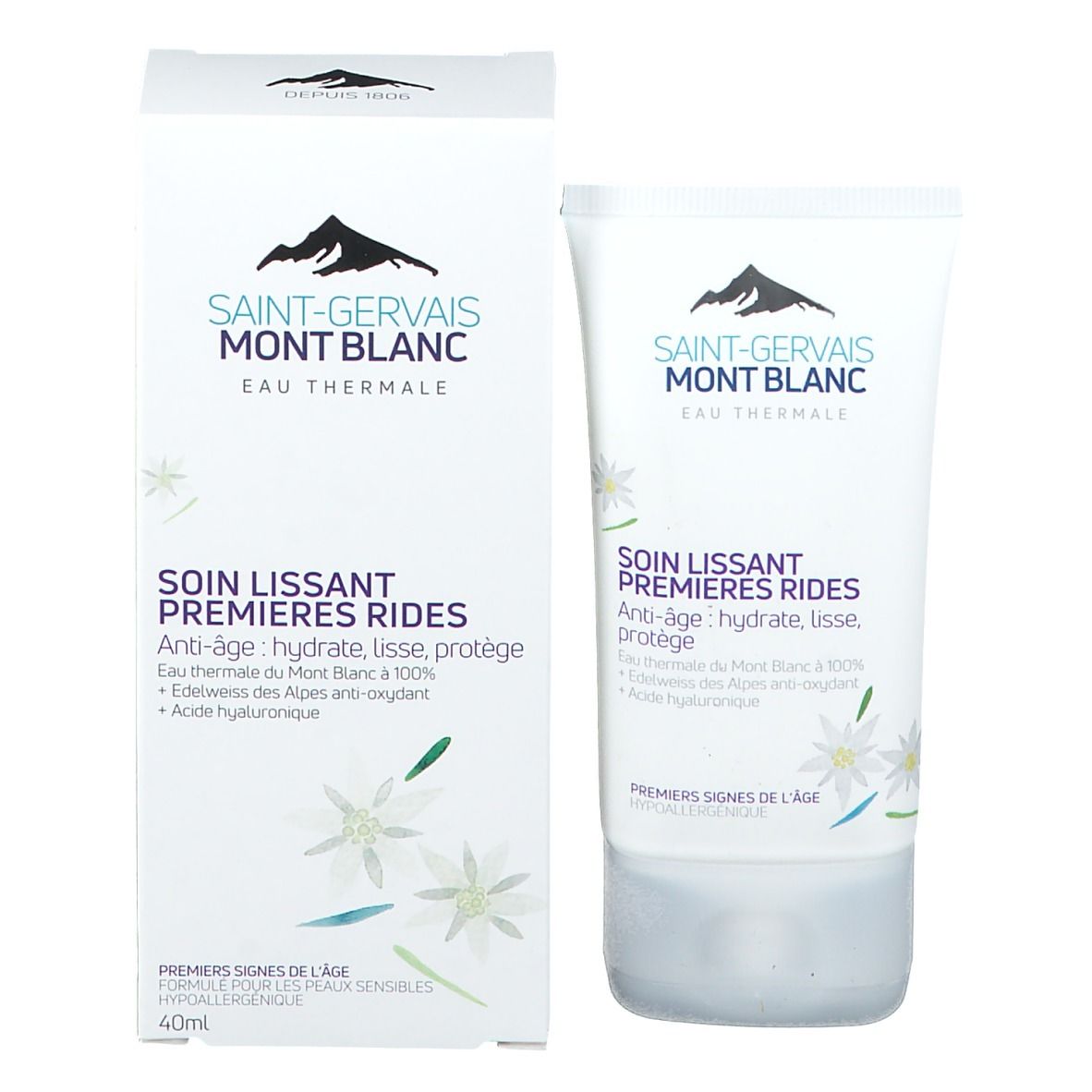 Produktverpackung mit Creme-Tube. Karton und Tube mit Logo und Produktbezeichnung. Aufschrift: Soin Lissant Premières Rides.