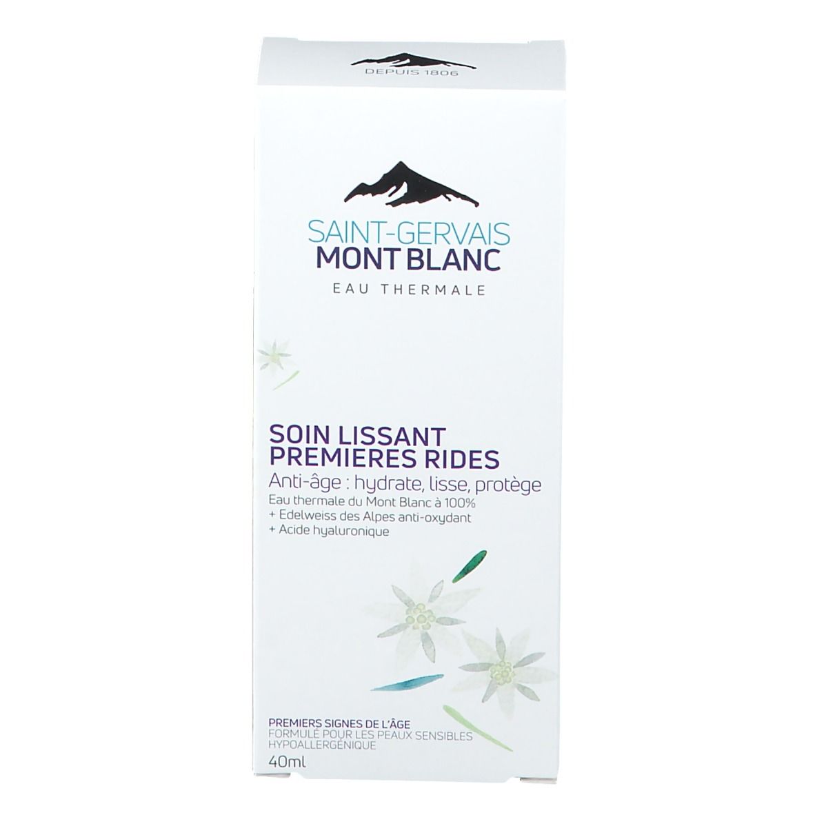 Produktverpackung. Weißer Karton mit Logo und Produktbezeichnung. Aufschrift: Soin Lissant Premières Rides.