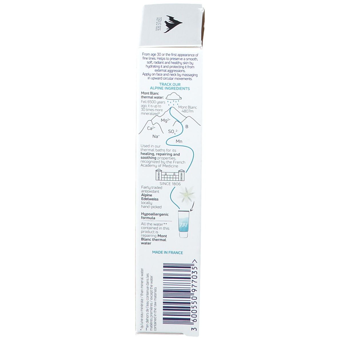 Rückseite der Produktverpackung. Text in Französisch. Enthält Informationen über Inhaltsstoffe und Anwendung.