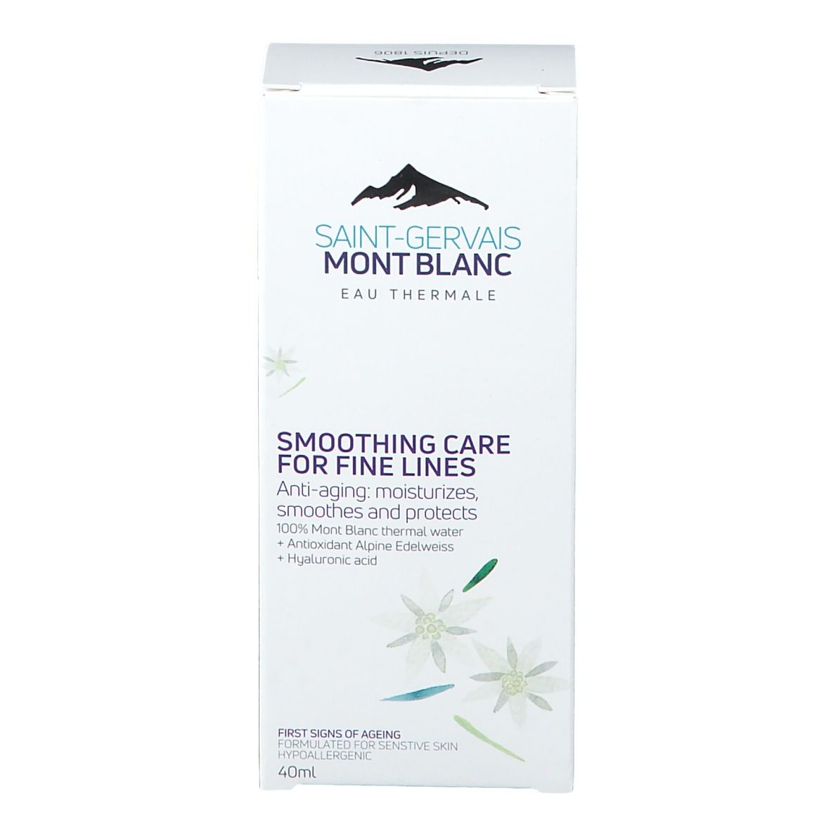 Vorderseite der Produktverpackung. Weißer Karton mit Logo und Produktbezeichnung. Aufschrift: Smoothing Care for Fine Lines.