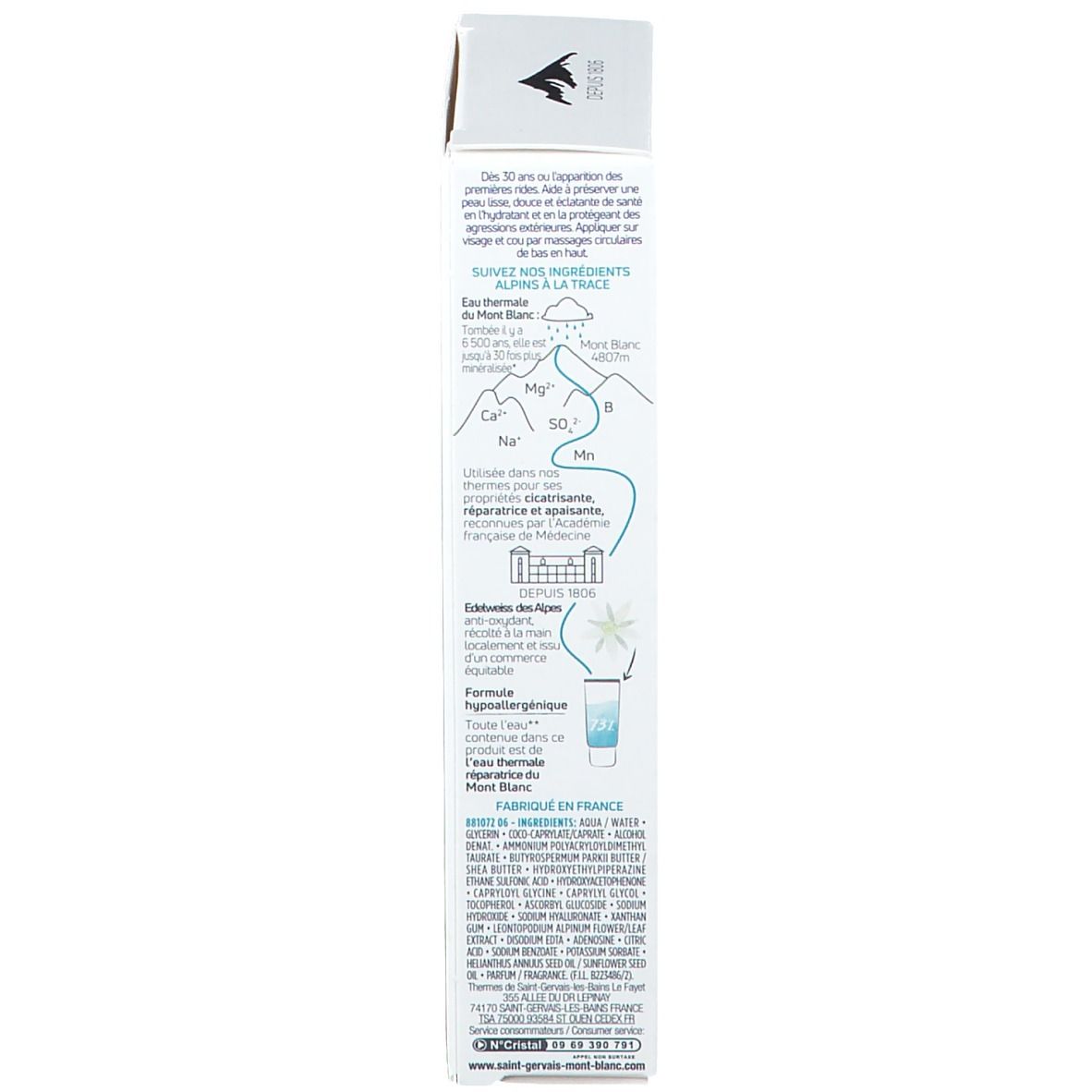 Rückseite der Produktverpackung. Text in Französisch. Enthält Informationen über Inhaltsstoffe und Anwendung.