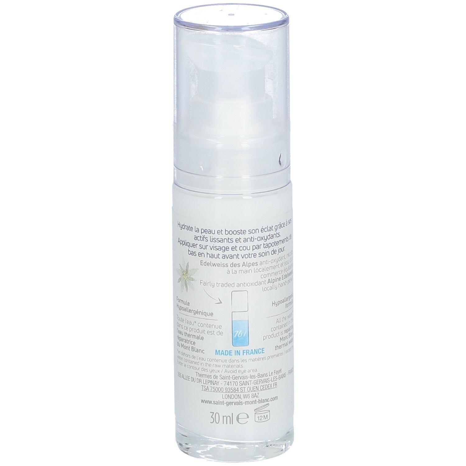 Flacon blanc avec pompe. Texte au dos et 30 ml. Fabriqué en France. Hypoallergénique.
