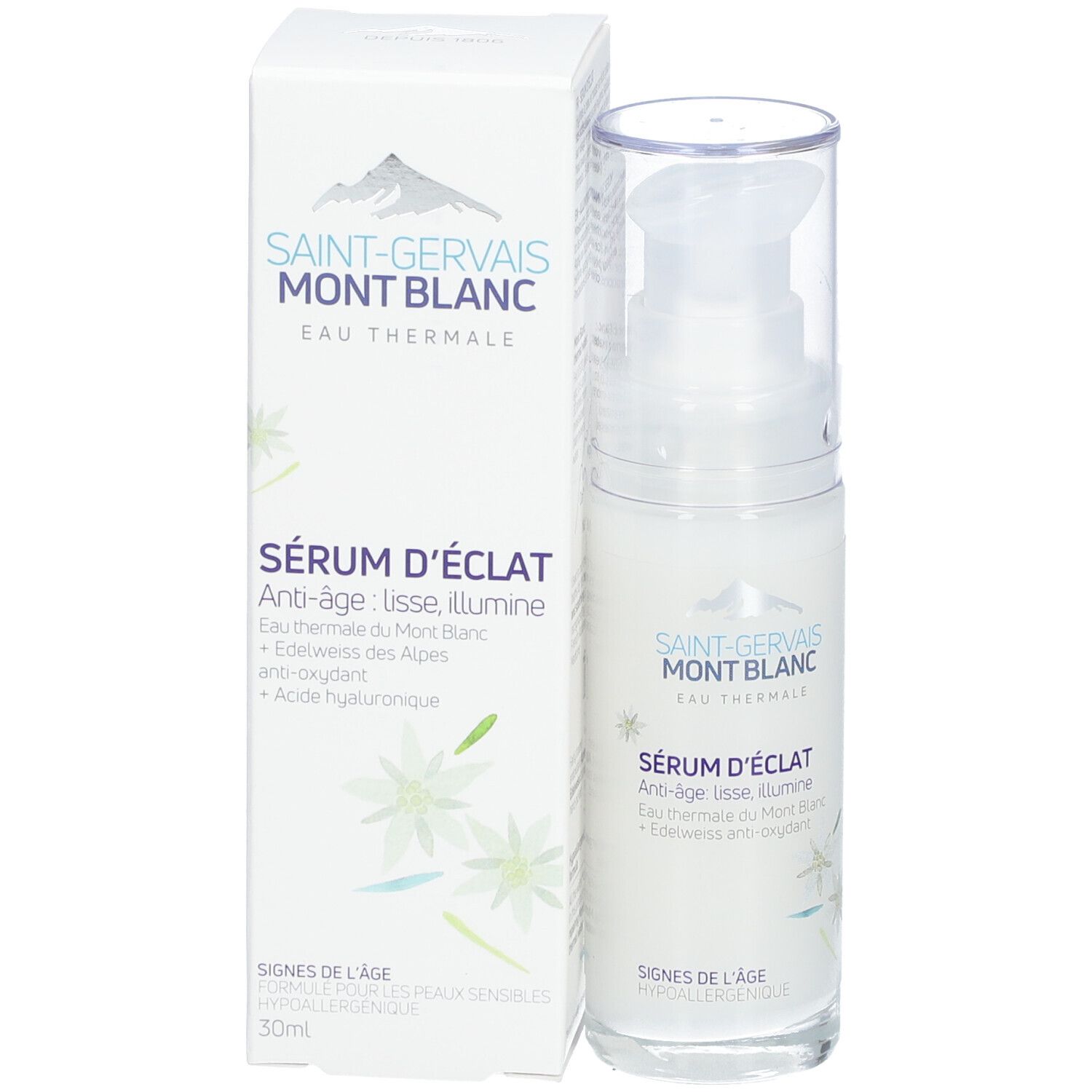 Produit et emballage. Flacon et boîte. SAINT-GERVAIS MONT BLANC, SÉRUM ÉCLAT. 30ml.