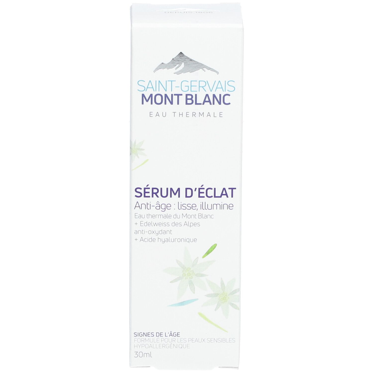 Emballage du produit. Boîte. SAINT-GERVAIS MONT BLANC, SÉRUM ÉCLAT. 30ml. Hypoallergénique.