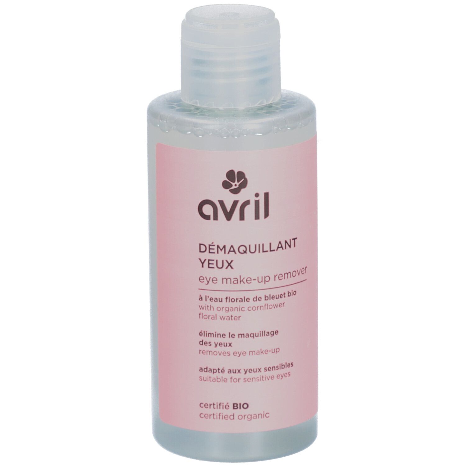 Rosa Flasche mit durchsichtiger Flüssigkeit. Aufschrift: AVRIL, Démaquillant Yeux, eye make-up remover. Bio-Zertifizierung.