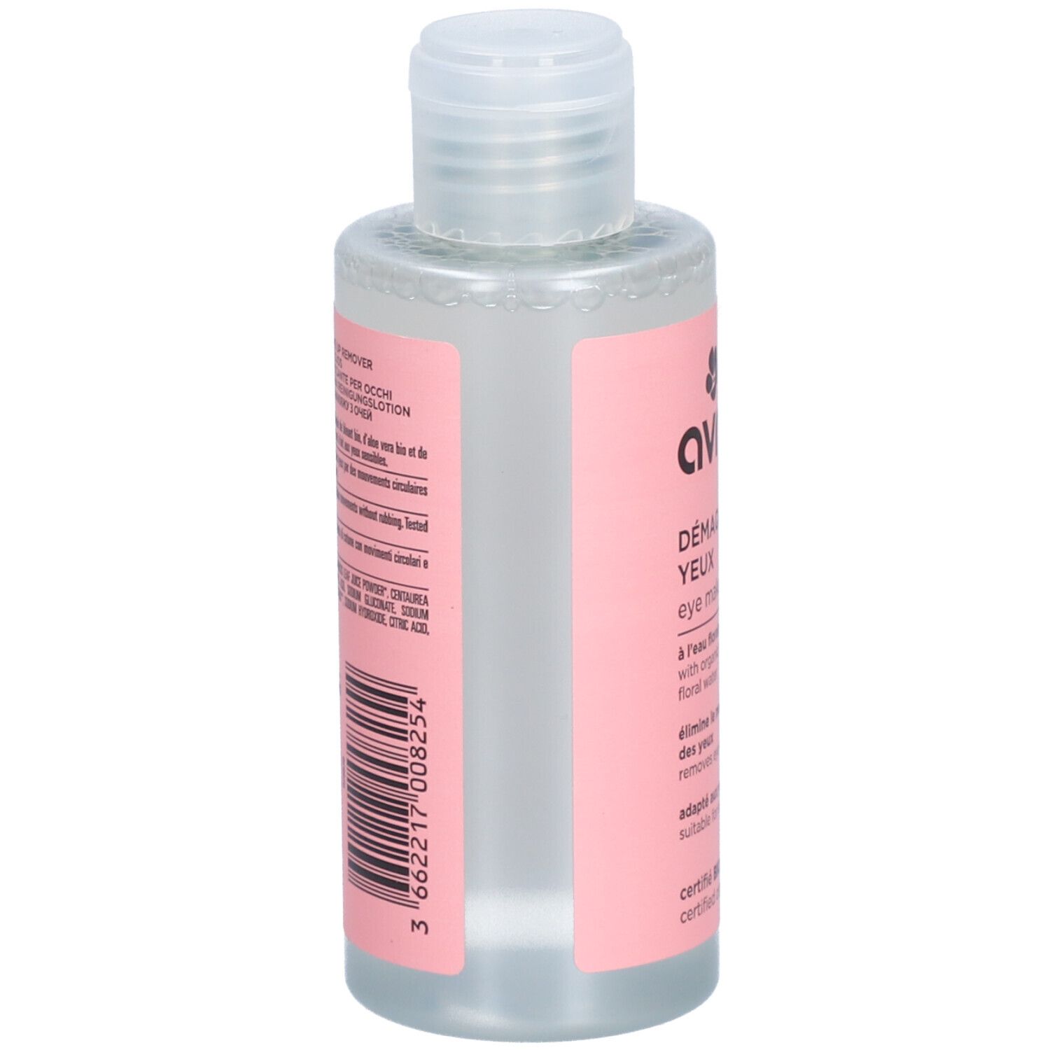 Durchsichtige Flasche mit rosa Etikett. Barcode und Text auf dem Etikett. Rückseite des Produkts.