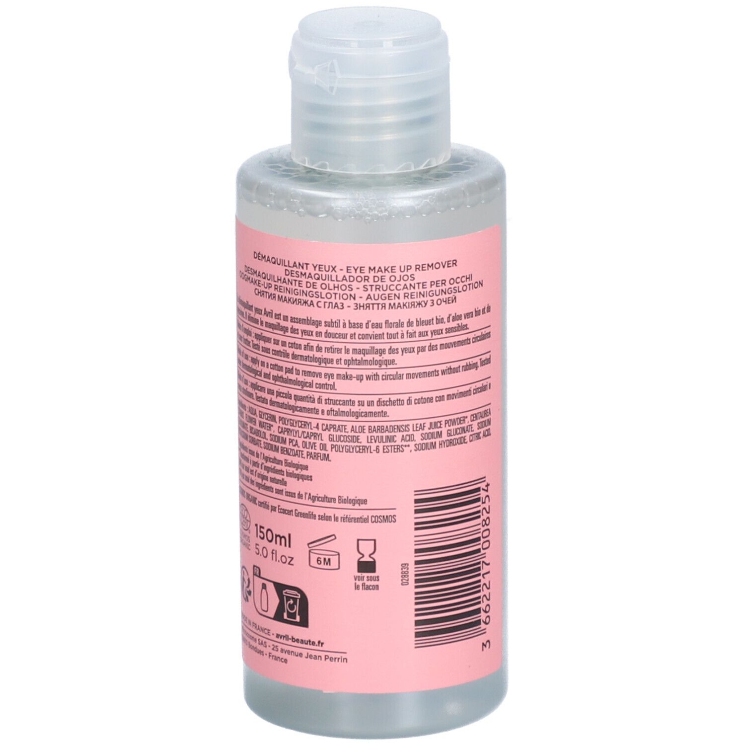 Flasche mit rosa Etikett. Text in mehreren Sprachen. Inhaltsstoffe und Volumenangabe: 150ml. Bio-Zertifizierung.