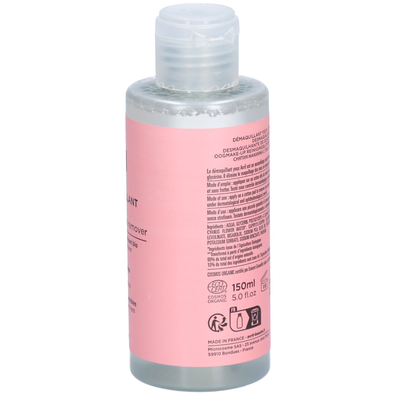 Flasche mit rosa Etikett. Text in mehreren Sprachen. Inhaltsstoffe und Volumenangabe: 150ml. Bio-Zertifizierung.