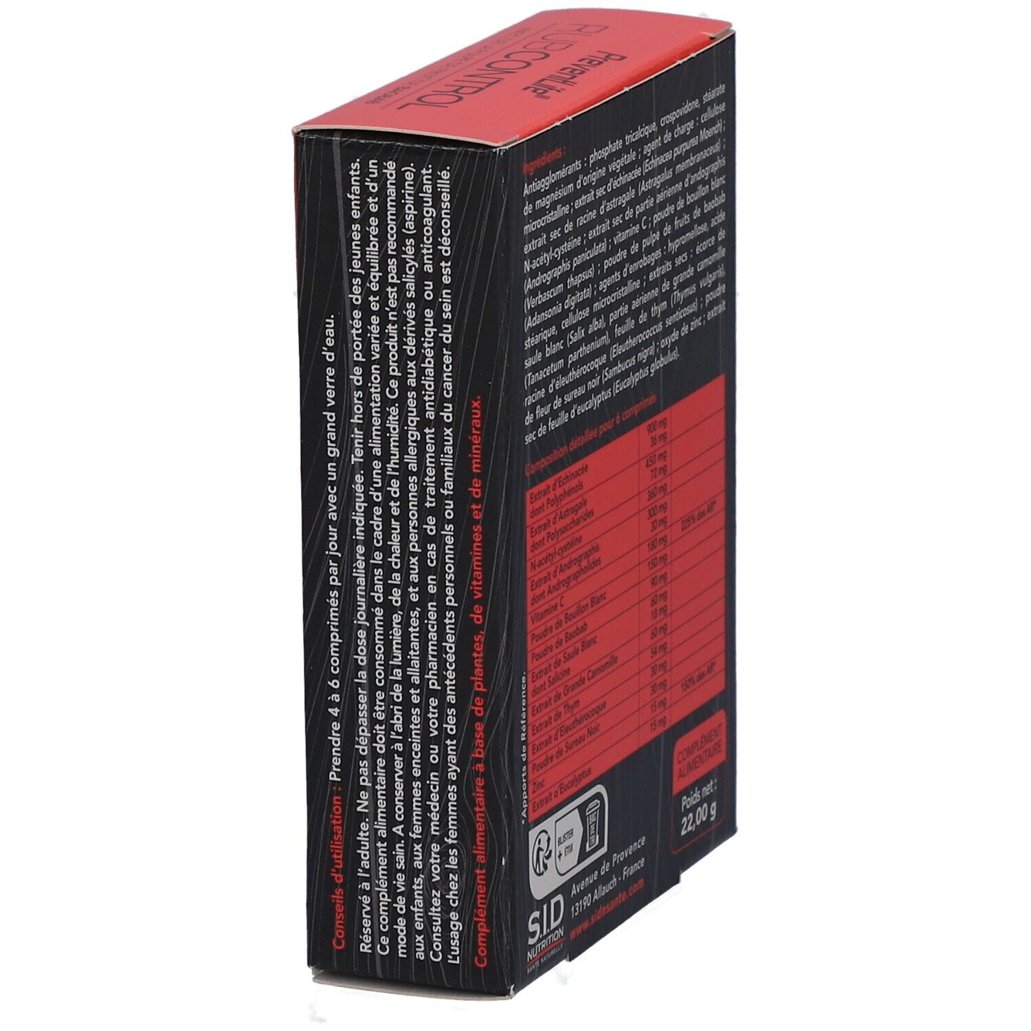 Dos de la boîte rouge avec instructions d'utilisation et avertissements. Logo SID Nutrition. Poids net 22,00 g.