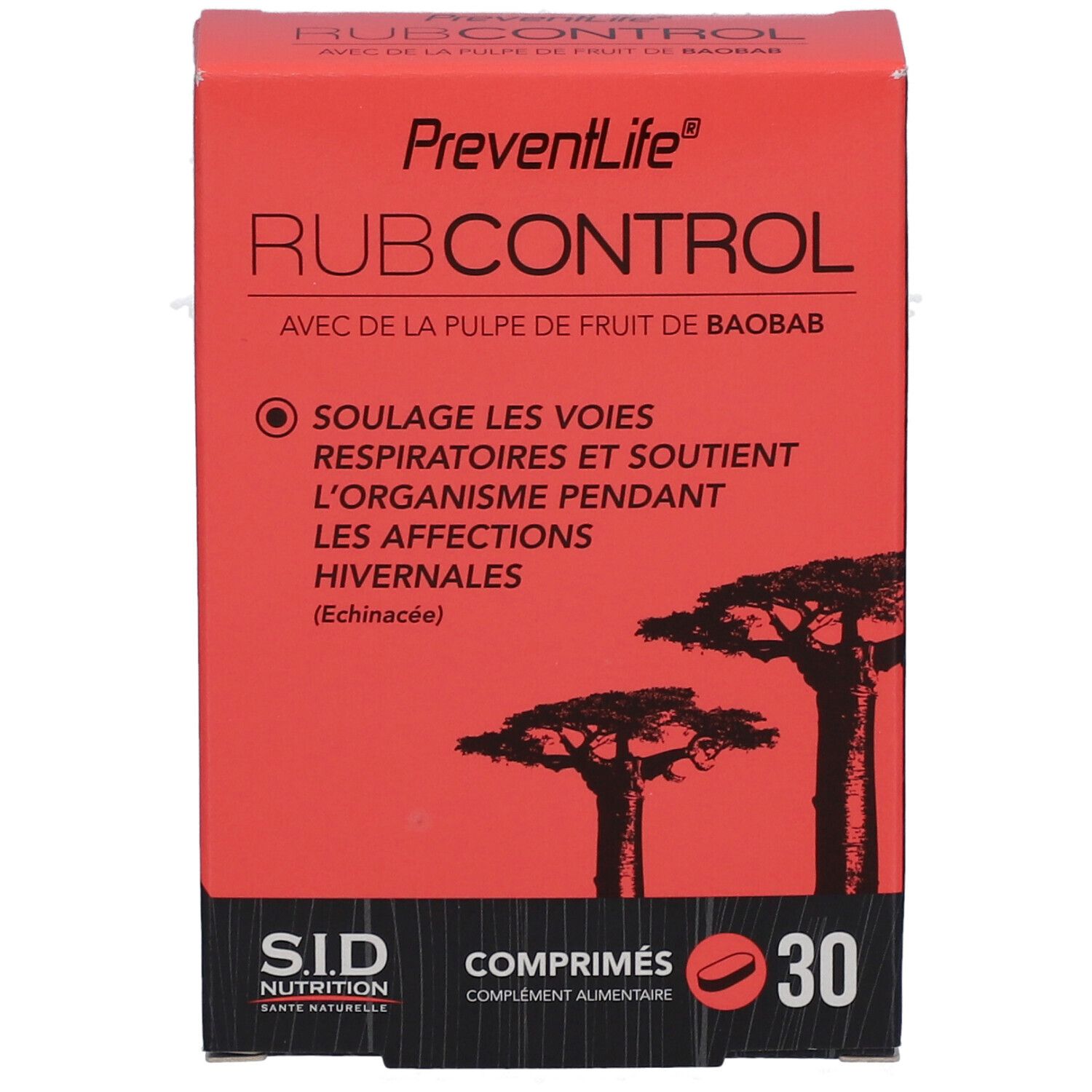 Boîte rouge avec RUBCONTROL et 30 comprimés. Contient de la pulpe de fruit de baobab. Logo SID Nutrition.