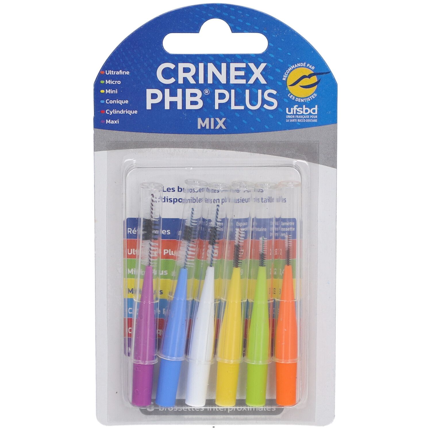Blister de brosses interdentaires CRINEX PHB PLUS MIX. Poignées colorées. Certification UFSBD visible.