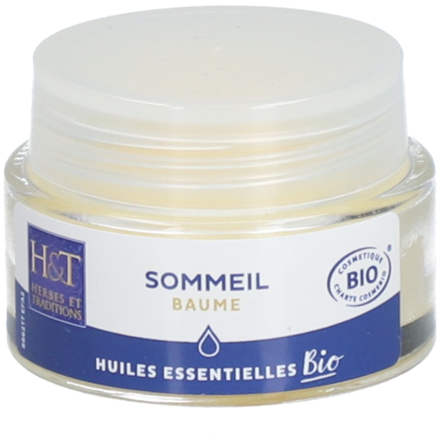 Pot en verre avec couvercle blanc. Étiquette: H&T, SOMMEIL BAUME, certification Bio.