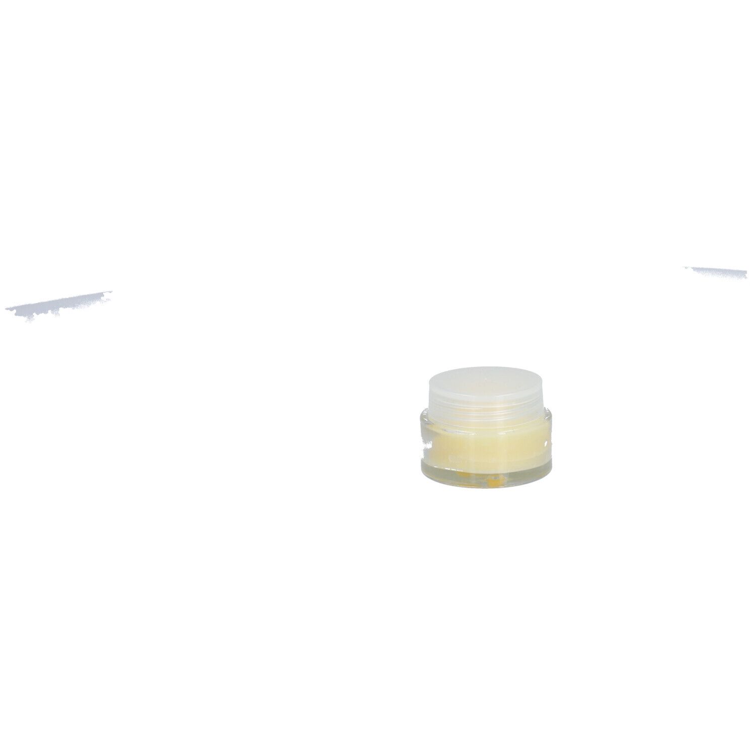Petit pot en verre avec couvercle blanc, contenu jaune. Sur fond blanc.