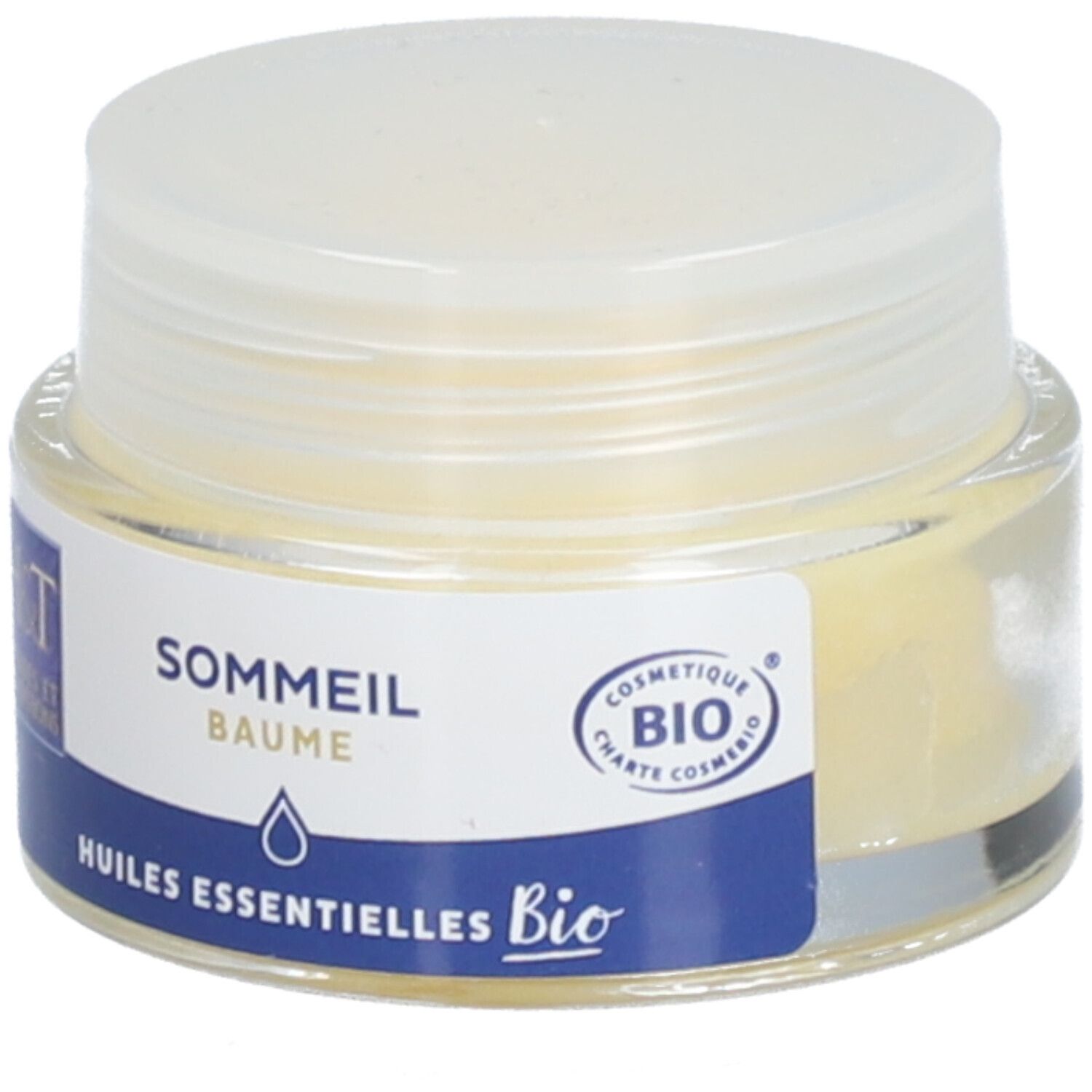 Pot en verre avec couvercle blanc. Étiquette: H&T, SOMMEIL BAUME, certification Bio.